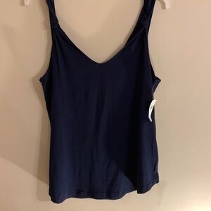 Women’s size medium, navy sleeveless t-shirt with v-neck.